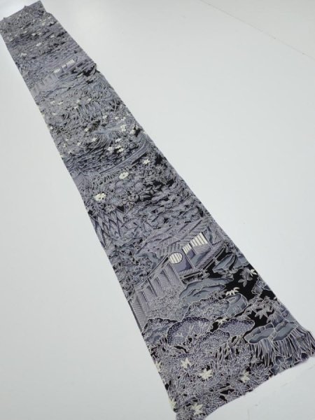 Photo5: 3E07z50  Japanese Kimono Silk  FABRIC Garden Black 56.7x7.5 (5)