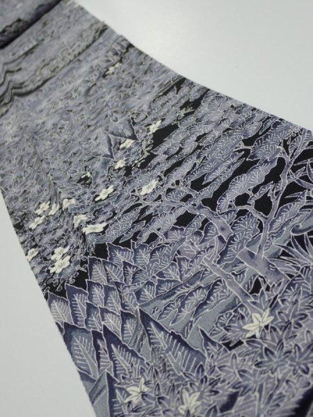 Photo1: 3E08z60  Japanese Kimono Silk  FABRIC Garden Black 79.9x6.7 (1)