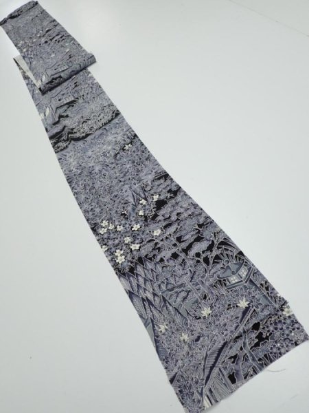 Photo2: 3E08z60  Japanese Kimono Silk  FABRIC Garden Black 79.9x6.7 (2)