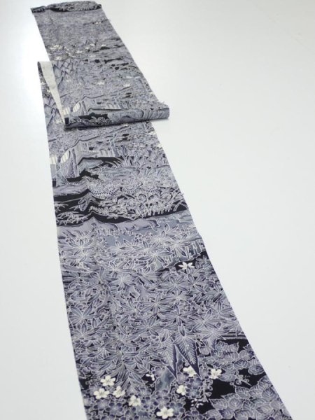 Photo4: 3E08z60  Japanese Kimono Silk  FABRIC Garden Black 79.9x6.7 (4)