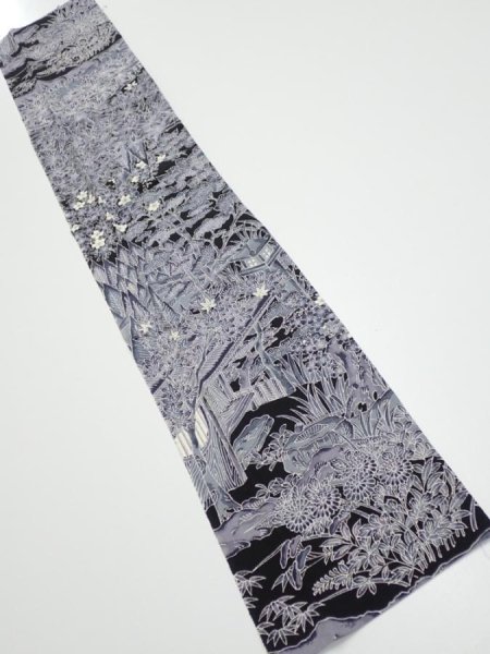 Photo1: 3E09z30  Japanese Kimono Silk  FABRIC Garden Black 35.0x6.7 (1)