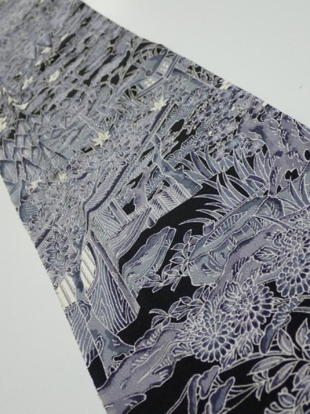 Photo2: 3E09z30  Japanese Kimono Silk  FABRIC Garden Black 35.0x6.7 (2)