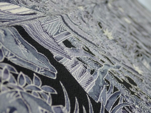 Photo3: 3E09z30  Japanese Kimono Silk  FABRIC Garden Black 35.0x6.7 (3)