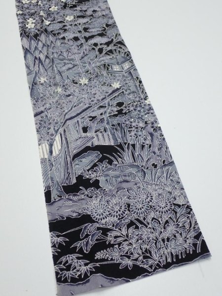 Photo4: 3E09z30  Japanese Kimono Silk  FABRIC Garden Black 35.0x6.7 (4)