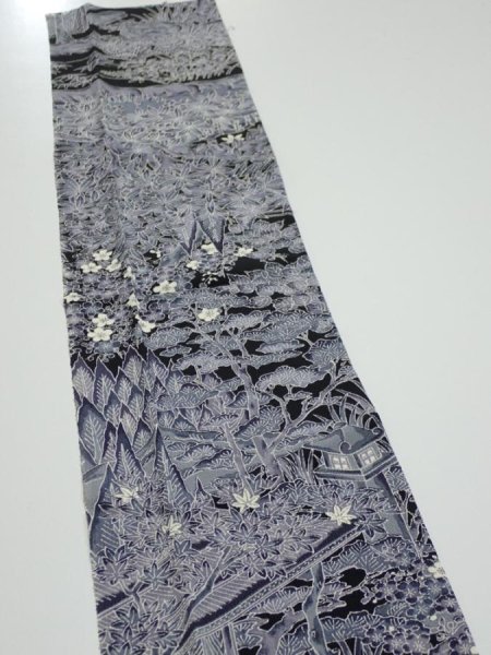 Photo5: 3E09z30  Japanese Kimono Silk  FABRIC Garden Black 35.0x6.7 (5)