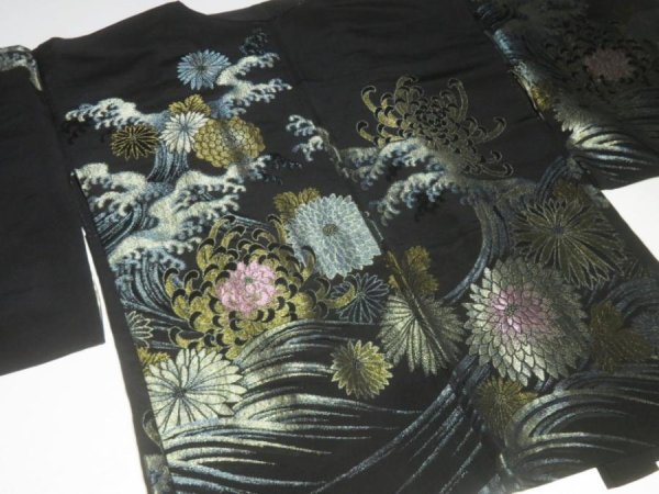 Photo3: 6GHB4z14  Japanese Kimono Silk BLACK HAORI 25pcs FREE SHIPPING (3)
