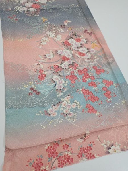 Photo2: 3E01z60  Japanese Kimono Silk  FABRIC Flowers Pink 43.3x14.6 (2)