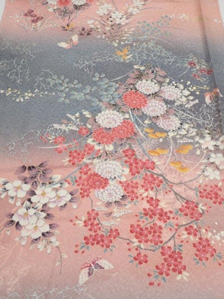 Photo1: 3E02z60  Japanese Kimono Silk  FABRIC Flowers Pink 44.1x14.6 (1)