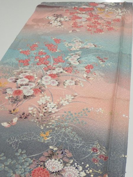 Photo3: 3E02z60  Japanese Kimono Silk  FABRIC Flowers Pink 44.1x14.6 (3)