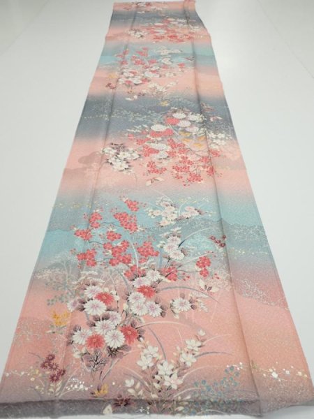 Photo5: 3E04z90  Japanese Kimono Silk  FABRIC Flowers Pink 66.1x14.6 (5)