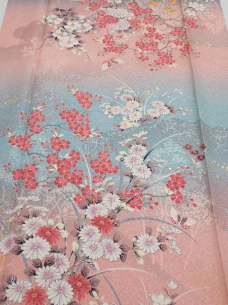 Photo1: 3E06z90  Japanese Kimono Silk  FABRIC Flowers Pink 66.5x14.6 (1)