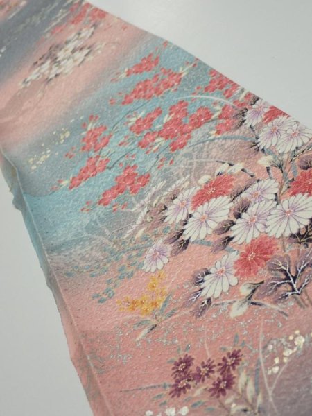 Photo1: 3E07z40  Japanese Kimono Silk  FABRIC Flowers Pink 59.1x7.3 (1)