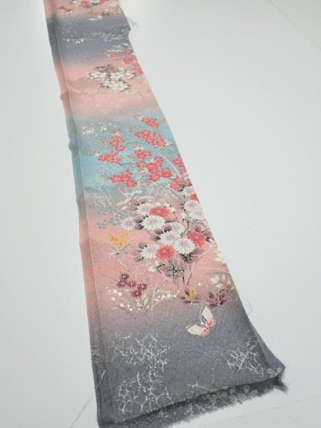 Photo2: 3E07z40  Japanese Kimono Silk  FABRIC Flowers Pink 59.1x7.3 (2)