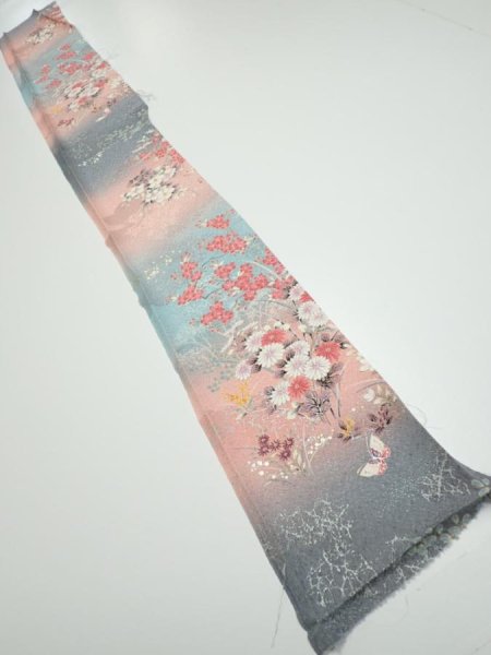 Photo5: 3E07z40  Japanese Kimono Silk  FABRIC Flowers Pink 59.1x7.3 (5)