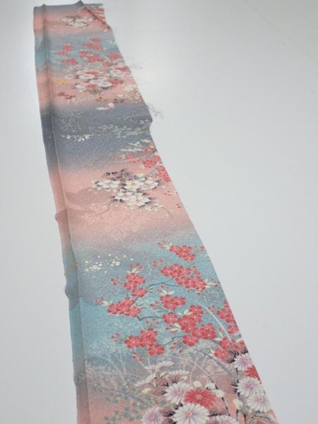 Photo3: 3E08z40  Japanese Kimono Silk  FABRIC Flowers Pink 59.8x7.3 (3)