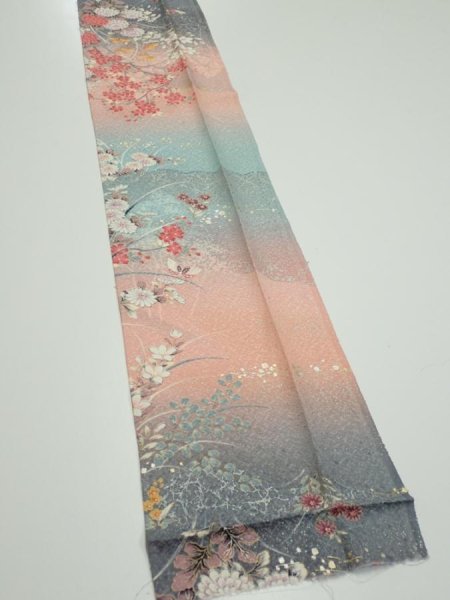 Photo3: 3E09z60  Japanese Kimono Silk  FABRIC Flowers Pink 84.3x7.3 (3)