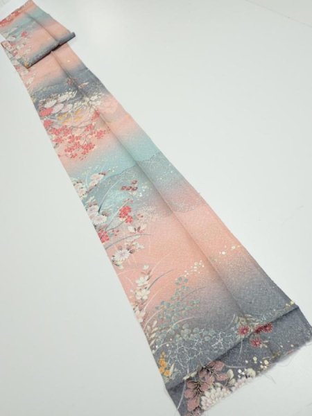 Photo5: 3E09z60  Japanese Kimono Silk  FABRIC Flowers Pink 84.3x7.3 (5)