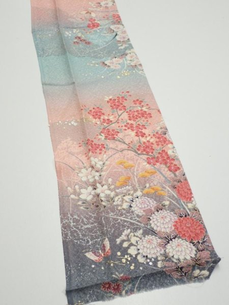 Photo3: 3E10z30  Japanese Kimono Silk  FABRIC Flowers Pink 37.8x7.3 (3)