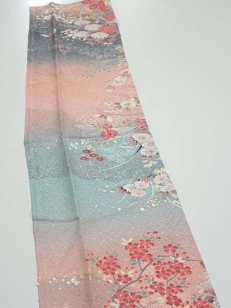 Photo4: 3E10z30  Japanese Kimono Silk  FABRIC Flowers Pink 37.8x7.3 (4)
