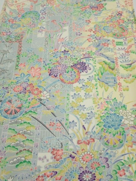 Photo1: 3E01z60  Japanese Kimono Silk  FABRIC Flower cart Light yellow 44.1x14.8 (1)