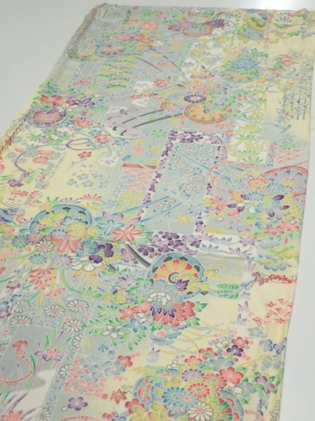 Photo2: 3E01z60  Japanese Kimono Silk  FABRIC Flower cart Light yellow 44.1x14.8 (2)