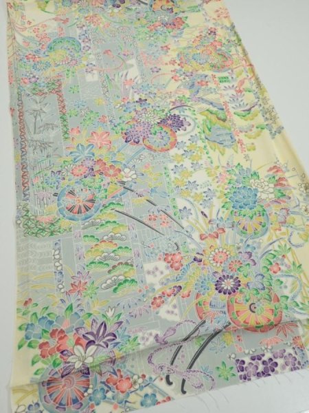 Photo3: 3E01z60  Japanese Kimono Silk  FABRIC Flower cart Light yellow 44.1x14.8 (3)