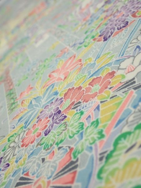 Photo4: 3E01z60  Japanese Kimono Silk  FABRIC Flower cart Light yellow 44.1x14.8 (4)
