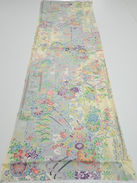 Photo5: 3E01z60  Japanese Kimono Silk  FABRIC Flower cart Light yellow 44.1x14.8 (5)
