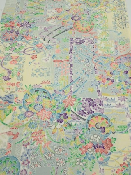 Photo1: 3E02z60  Japanese Kimono Silk  FABRIC Flower cart Light yellow 44.1x14.6 (1)
