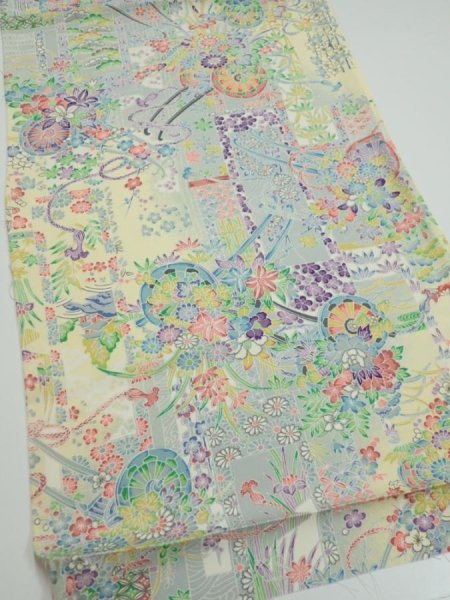 Photo2: 3E02z60  Japanese Kimono Silk  FABRIC Flower cart Light yellow 44.1x14.6 (2)