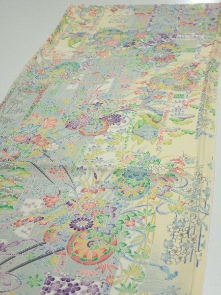 Photo3: 3E02z60  Japanese Kimono Silk  FABRIC Flower cart Light yellow 44.1x14.6 (3)