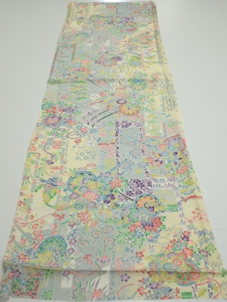 Photo5: 3E02z60  Japanese Kimono Silk  FABRIC Flower cart Light yellow 44.1x14.6 (5)