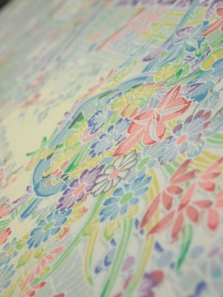 Photo4: 3E04z90  Japanese Kimono Silk  FABRIC Flower cart Light yellow 68.5x14.6 (4)