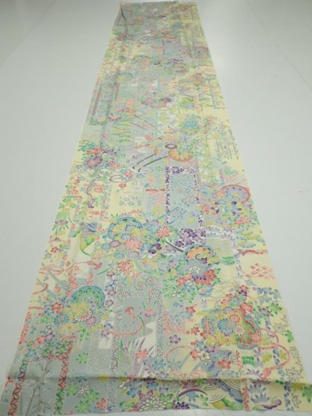 Photo5: 3E04z90  Japanese Kimono Silk  FABRIC Flower cart Light yellow 68.5x14.6 (5)