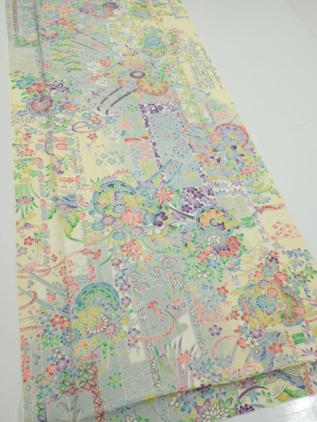 Photo2: 3E05z90  Japanese Kimono Silk  FABRIC Flower cart Light yellow 68.5x14.6 (2)