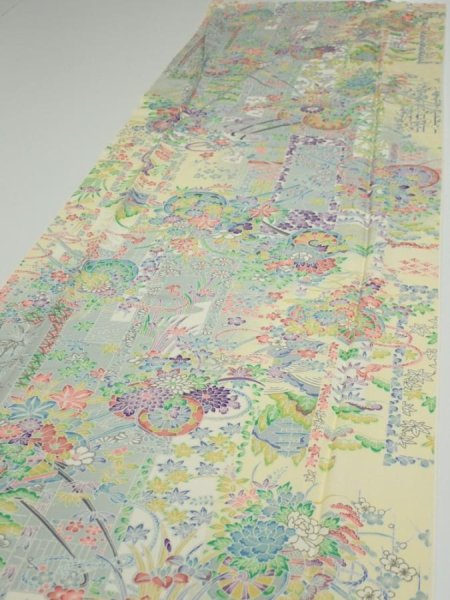 Photo3: 3E06z90  Japanese Kimono Silk  FABRIC Flower cart Light yellow 68.5x14.6 (3)