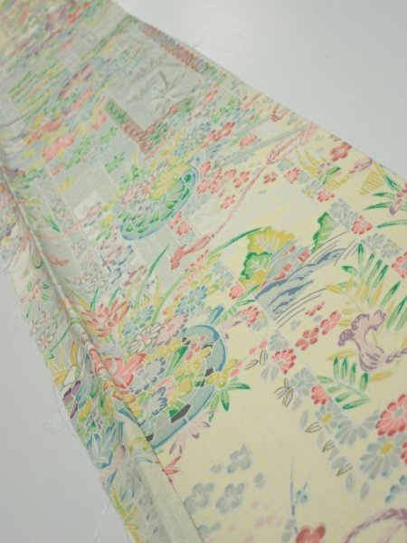 Photo1: 3E07z40  Japanese Kimono Silk  FABRIC Flower cart Light yellow 60.6x7.3 (1)