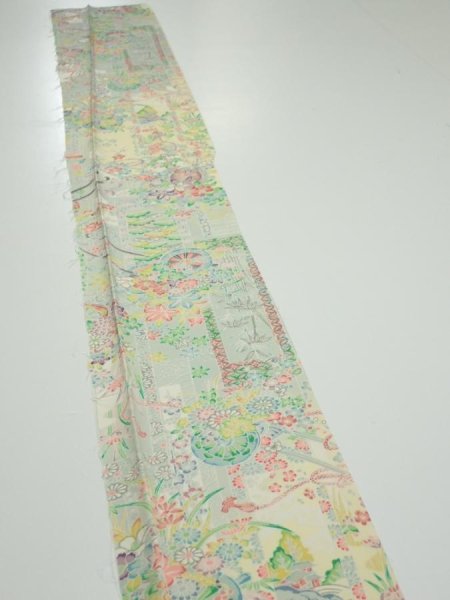 Photo2: 3E07z40  Japanese Kimono Silk  FABRIC Flower cart Light yellow 60.6x7.3 (2)
