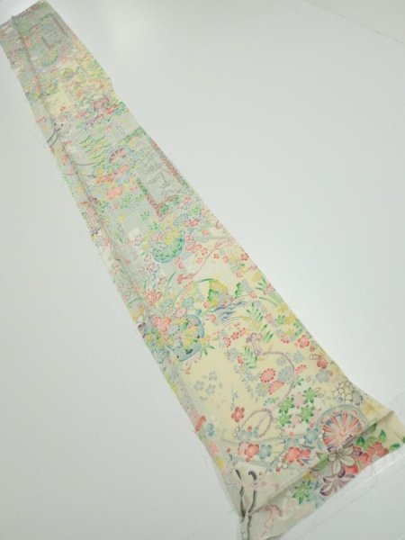 Photo4: 3E07z40  Japanese Kimono Silk  FABRIC Flower cart Light yellow 60.6x7.3 (4)