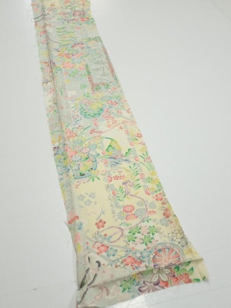 Photo3: 3E08z40  Japanese Kimono Silk  FABRIC Flower cart Light yellow 60.6x7.3 (3)
