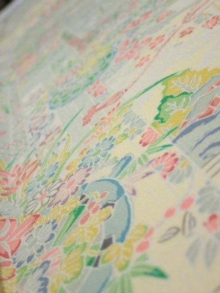 Photo5: 3E08z40  Japanese Kimono Silk  FABRIC Flower cart Light yellow 60.6x7.3 (5)
