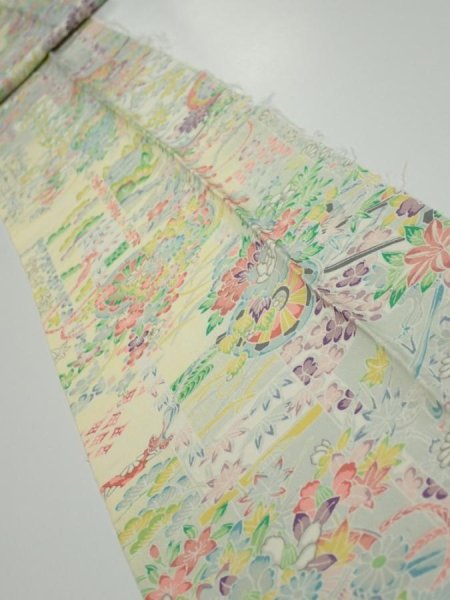 Photo1: 3E09z60  Japanese Kimono Silk  FABRIC Flower cart Light yellow 87.8x7.3 (1)