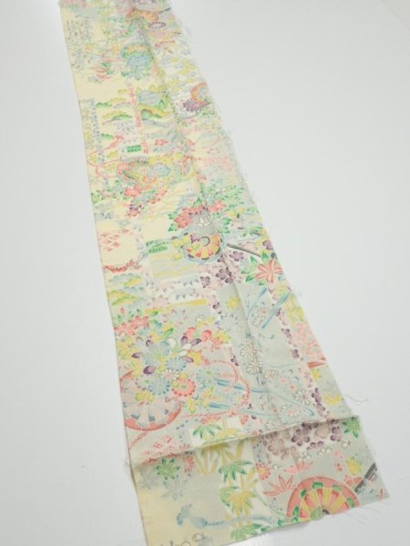 Photo2: 3E09z60  Japanese Kimono Silk  FABRIC Flower cart Light yellow 87.8x7.3 (2)
