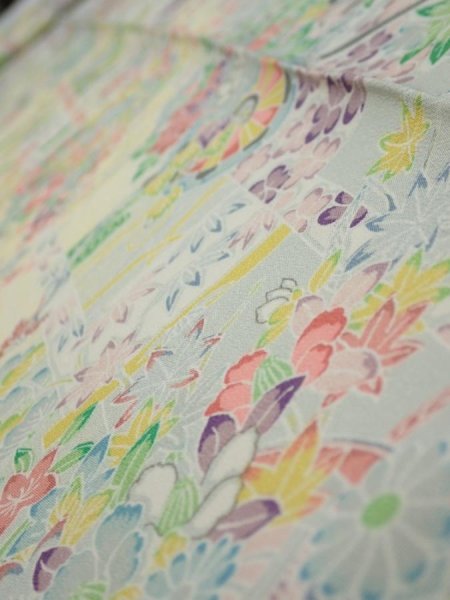 Photo5: 3E09z60  Japanese Kimono Silk  FABRIC Flower cart Light yellow 87.8x7.3 (5)