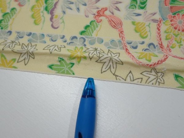 Photo6: 3E09z60  Japanese Kimono Silk  FABRIC Flower cart Light yellow 87.8x7.3 (6)