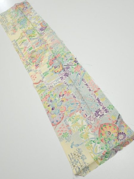 Photo1: 3E10z30  Japanese Kimono Silk  FABRIC Flower cart Light yellow 33.9x7.3 (1)