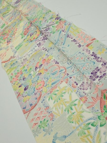 Photo2: 3E10z30  Japanese Kimono Silk  FABRIC Flower cart Light yellow 33.9x7.3 (2)