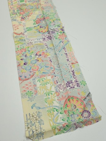 Photo3: 3E10z30  Japanese Kimono Silk  FABRIC Flower cart Light yellow 33.9x7.3 (3)