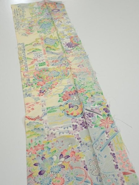 Photo4: 3E10z30  Japanese Kimono Silk  FABRIC Flower cart Light yellow 33.9x7.3 (4)
