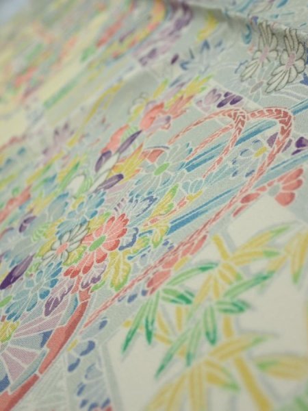 Photo5: 3E10z30  Japanese Kimono Silk  FABRIC Flower cart Light yellow 33.9x7.3 (5)